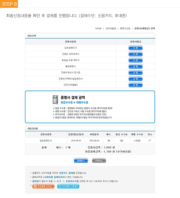 STEP8 결제- 최종신청내용을 확인 후 결제를 진행합니다.(결제수단: 신용카드, 휴대폰)